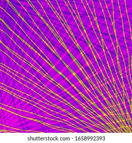 Many rays of yellow light with symmetrical bright waves on pink black. 