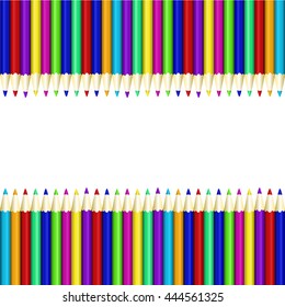 many realistic color pencils stacked in two rows