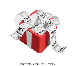 Papel de muchos Comprobante con un 50% de descuento en el mensaje promocional colocado en cajas de regalo rojas para dar como regalos a los Clientes, Vector 3d aislado para el diseño de publicidad de compras en línea, Vector para publicidad