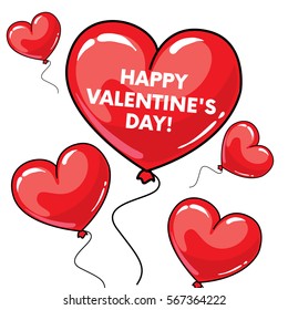 Many red balloons in the shape of a heart. Balls in the sky. Vector illustration. St. Valentine's Day.