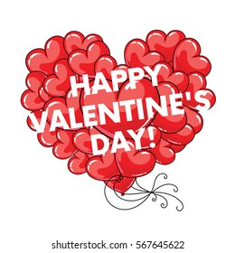 Many red balloons in the shape of a heart. Balls in the sky. Vector illustration. St. Valentine's Day.