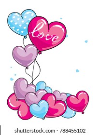 Many red balloons in the shape of a heart. Balls in the sky. Vector illustration. St. Valentine's Day.