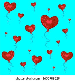 Many red balls of different sizes fly into the air. Blue background. Valentine's day pattern. Print for cards, paper, banner, poster.