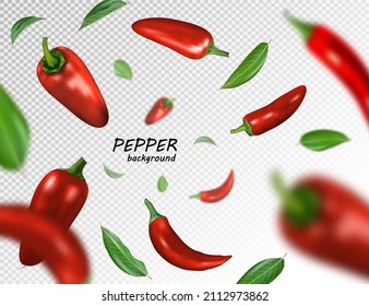 Many red chili peppers free falling on transparent background. Realistic vector, 3d illustration