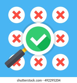 Many Red Crosses Round Check Mark Icons Set And Magnifying Glass With Tick Icon. Make Right Choice, Good Decision, Best Solution Concepts. Trendy Long Shadow Flat Design. Vector Illustration