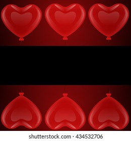Many red gel floating balloons heart shaped square is framed by a black border. on a black background.