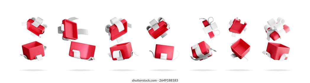 Many red gift boxes with white ribbons. 3D render illustration set collection for present concept. Holiday surprise element.