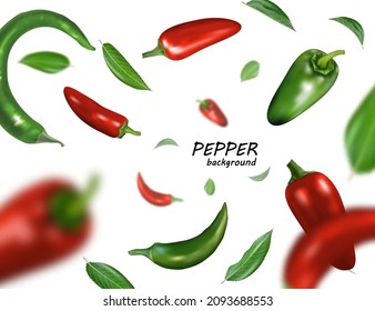 Many red and green chili peppers free falling on white background. Realistic vector, 3d illustration