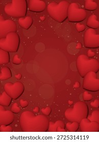 Many red heart balloons frame on red background with bokeh and sparkle effect graphic illustration. Happy Valentine's day greeting card vertical template.