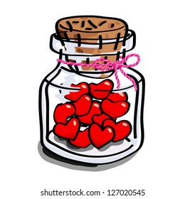 many red hearts in glass bottle with wooden cork and bow, vector image