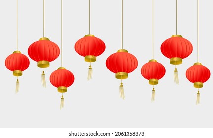 Muchos farolillos rojos en las linternas blancas aisladas, japonesas o chinas. Feliz año nuevo, año nuevo chino. Vector tradicional de linternas de papel rojo. Linterna china colgando de la plantilla de escena.