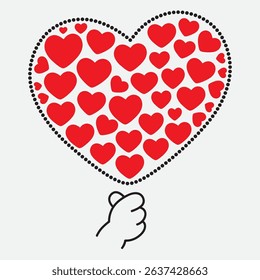 Many red line heart shapes in the black dot line heart shaped and line drawing of hand