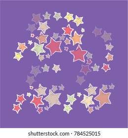 Many Red, Orange, Green and Pink Stars of Different Color Tone and Opacity on Violet Background