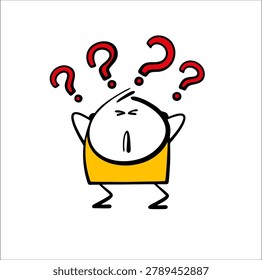 Many red question marks attacked the unfortunate stickman. Vector illustration of a cartoon man crouched down in fear, not knowing what to do. A headache from problems.