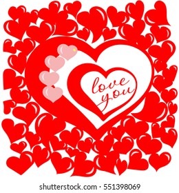 Many red and rose hearts with title. Vector illustration