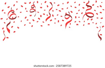 Many Red square small paper and ribbon falling isolated on white background. Confetti for birthday, party, festival fair, celebration, and congratulation. Vector illustration flat design.