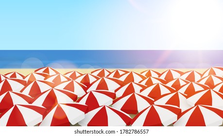 Many Red And White Sun Umbrellas On A Beach. Horizon Line Over The Sea. EPS10 Vector