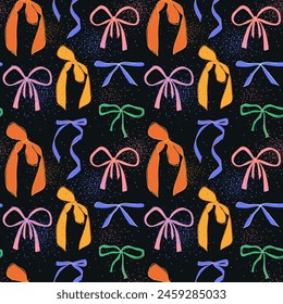 Many ribbons on a dark background. Seamless pattern of bright bows with confetti. Festive pattern for print production, gift wrapping. Glitter and ribbons in a groovy style