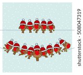 Many Robin Red Breasts wearing Red Santa Woolly Bobble Hats sitting on a couple of Telephone Wires with Snowing Background