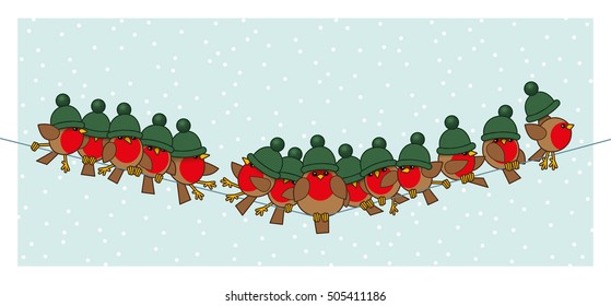 Many Robin Red Breasts wearing Green Woolly Bobble Hats sitting on a Telephone Wire with Snowing Background