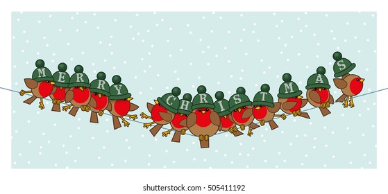 Many Robin Red Breasts wearing Green Woolly Bobble Hats spelling Merry Christmas sitting on a Telephone Wire with Snowing Background