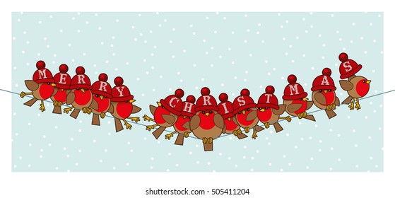 Many Robin Red Breasts wearing Red Woolly Bobble Hats spelling Merry Christmas sitting on a Telephone Wire with Snowing Background