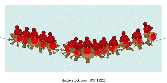 Many Robin Red Breasts wearing Red Woolly Bobble Hats sitting on a Telephone Wire with Snowing Background