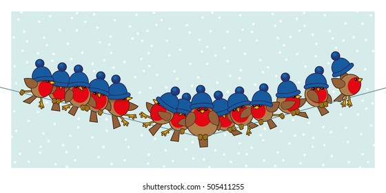 Many Robin Red Breasts wearing Blue Woolly Bobble Hats sitting on a Telephone Wire with Snowing Background