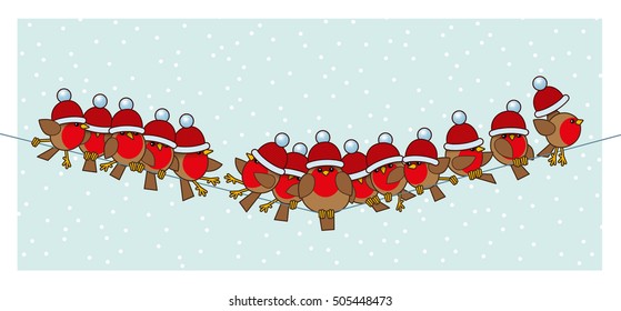 Many Robin Red Breasts wearing Red Santa Woolly Bobble Hats sitting on a Telephone Wire with Snowing Background
