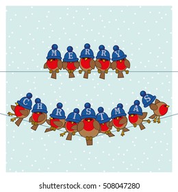Many Robin Red Breasts wearing Blue Woolly Bobble Hats spelling Merry Christmas sitting on a couple of Telephone Wires with Snowing Background
