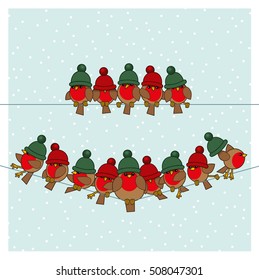 Many Robin Red Breasts wearing Red Green Woolly Bobble Hats sitting on a couple of Telephone Wires with Snowing Background