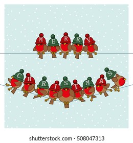 Many Robin Red Breasts wearing Red and Green Woolly Bobble Hats spelling Merry Christmas sitting on a couple of Telephone Wires with Snowing Background
