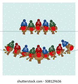 Many Robin Red Breasts wearing Colourful Woolly Bobble Hats spelling Merry Christmas sitting on a couple of Telephone Wires with Snowing Background