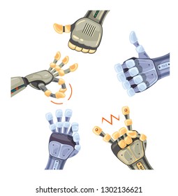 Many robot hand gestures. Robotic hands. Mechanical technology machine engineering symbol. Hand gestures set. Futuristic design. Vector illustration on the white background.