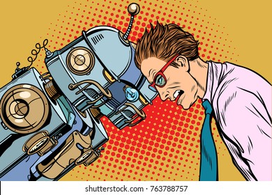 Many robots vs human, humanity and technology. Pop art retro vector vintage illustrations
