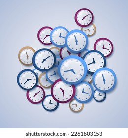 Many round clocks showing different times on a light background.