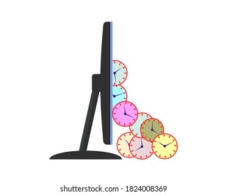 Viele runde mechanische Uhren fallen vom Bildschirm des Computerbildschirms ab. Seitenansicht. Vektorgrafik.