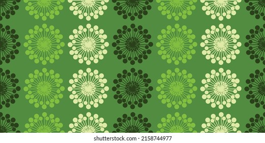 Many Rows of Colorful Large Flowers Pattern, Colored in Various Shades of Green - Retro Style Texture, Background, Design Element in Editable Vector Format