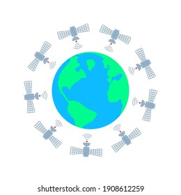 many satellites around cartoon earth. flat cartonn simple style modern logotype graphic art design element isolated on white background. concept of big satelites group for easy global web