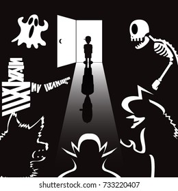 Many scary ghosts await inside the dark room, light though the door and kid shadow. Halloween theme vector.