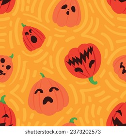 Many scary Halloween pumpkins on orange background. Pattern for 