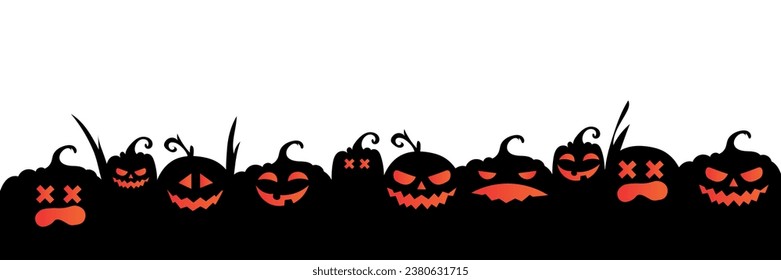 Many scary Halloween pumpkins on white background