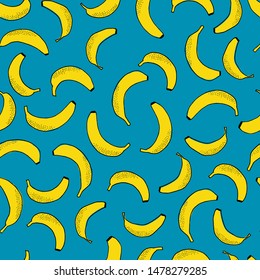 Many scattered bananas. Vector seamless pattern. Hand drawn fruits.
