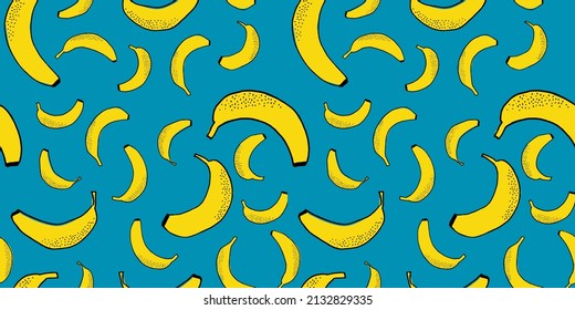 Many scattered bananas. Vector seamless pattern. Hand drawn and traced fruits. Sweet fresh vegetarian food. For printing on paper and fabric. Tasty exotic healthy snack. Background surface design.

