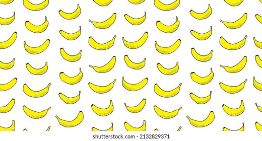 Many scattered bananas. Vector seamless pattern. Hand drawn and traced fruits. Sweet fresh vegetarian food. For printing on paper and fabric. Tasty exotic healthy snack. Background surface design.

