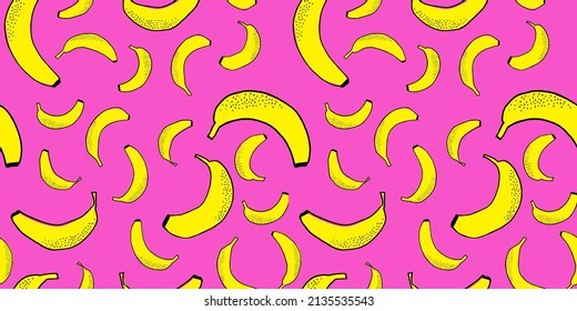 Many scattered bananas. Vector seamless pattern. Hand drawn and traced fruits. Sweet fresh vegetarian food. For printing on paper and fabric. Tasty exotic healthy snack. Background surface design.

