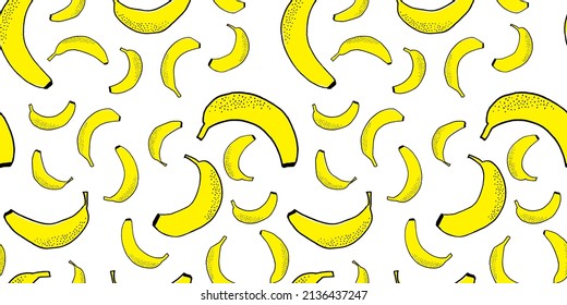 Muchos plátanos dispersos. Patrón veloz. Frutos dibujados a mano y trazados. Dulce comida vegetariana fresca. Para imprimir en papel y tela. Sabroso bocadillo exótico saludable. Diseño de superficie de fondo.

