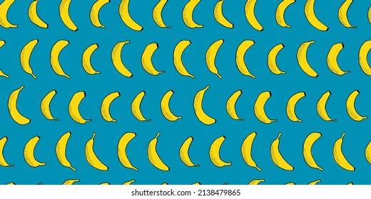 Many scattered bananas. Vector seamless pattern. Hand drawn and traced fruits. Sweet fresh vegetarian food. For printing on paper and fabric. Tasty exotic healthy snack. Background surface design.

