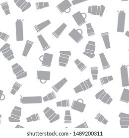Many scattered coffee tea mugs. Cups for drinks to take away. Vector seamless pattern. Zero waste reusable cups icons. Hand drawn, flat. Eco background.
