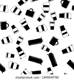 Many scattered coffee tea mugs. Cups for drinks to take away. Vector seamless pattern. Zero waste reusable cups icons. Hand drawn, flat. Eco background.
